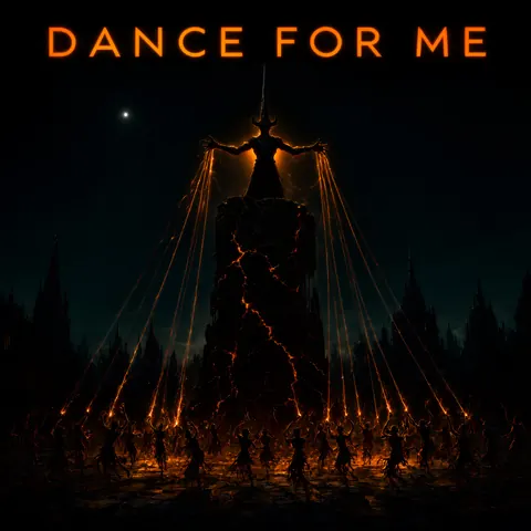 Cover art. A horned figure on a burning tower pulls strings of orange light down to a crowd of dancers.