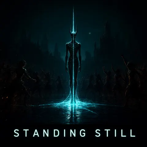 Cover art. A tall horned figure stands still in a dark plaza, a line of cyan light running down into the wet floor.